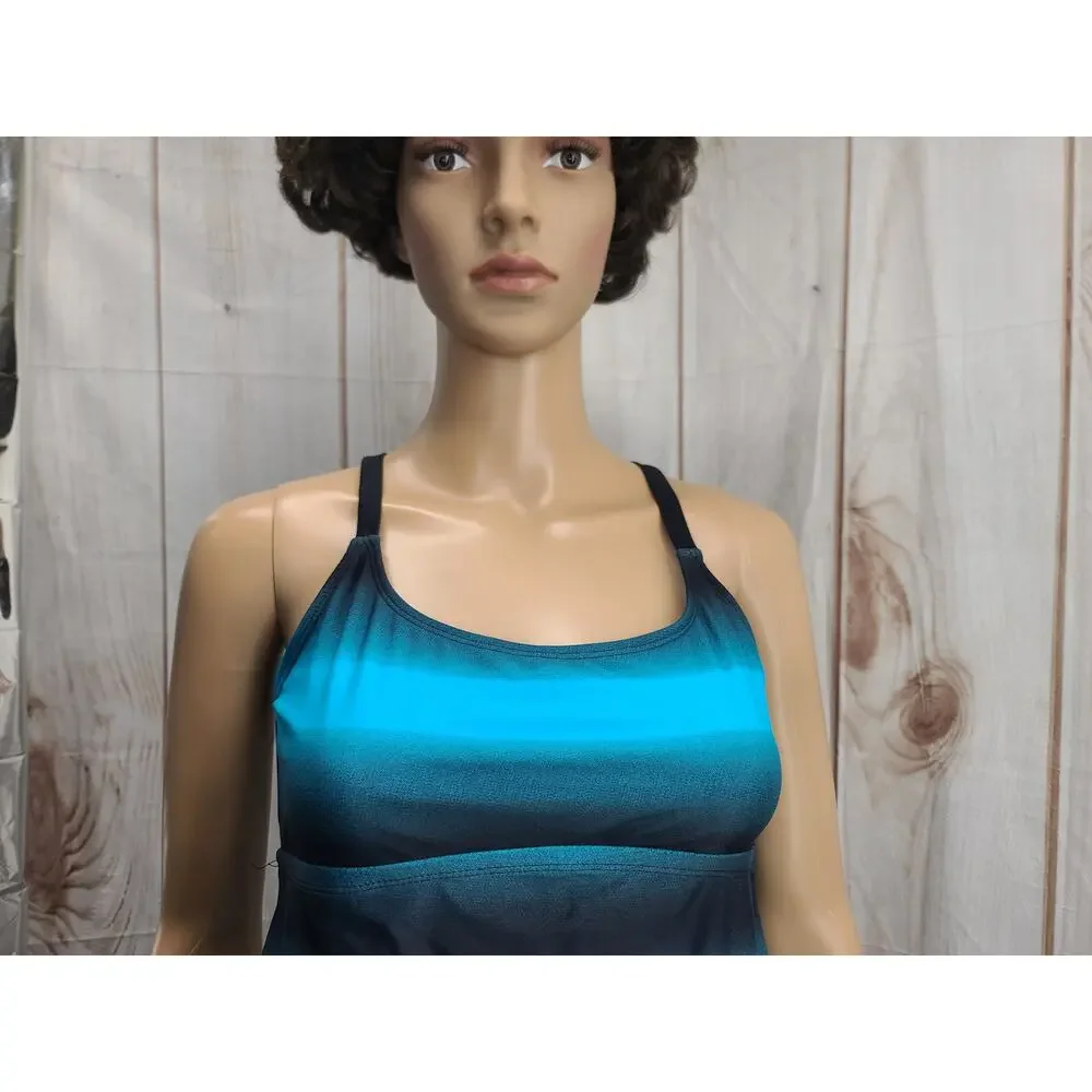 Women M Blue & Black Ombre Tankini Set Swimsuit Racerback Straps